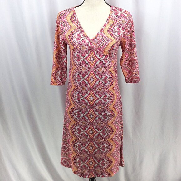 Prana Nadia Veeda Dress Women's Size Medium Pink Orange Printed Faux Wrap - Picture 1 of 10